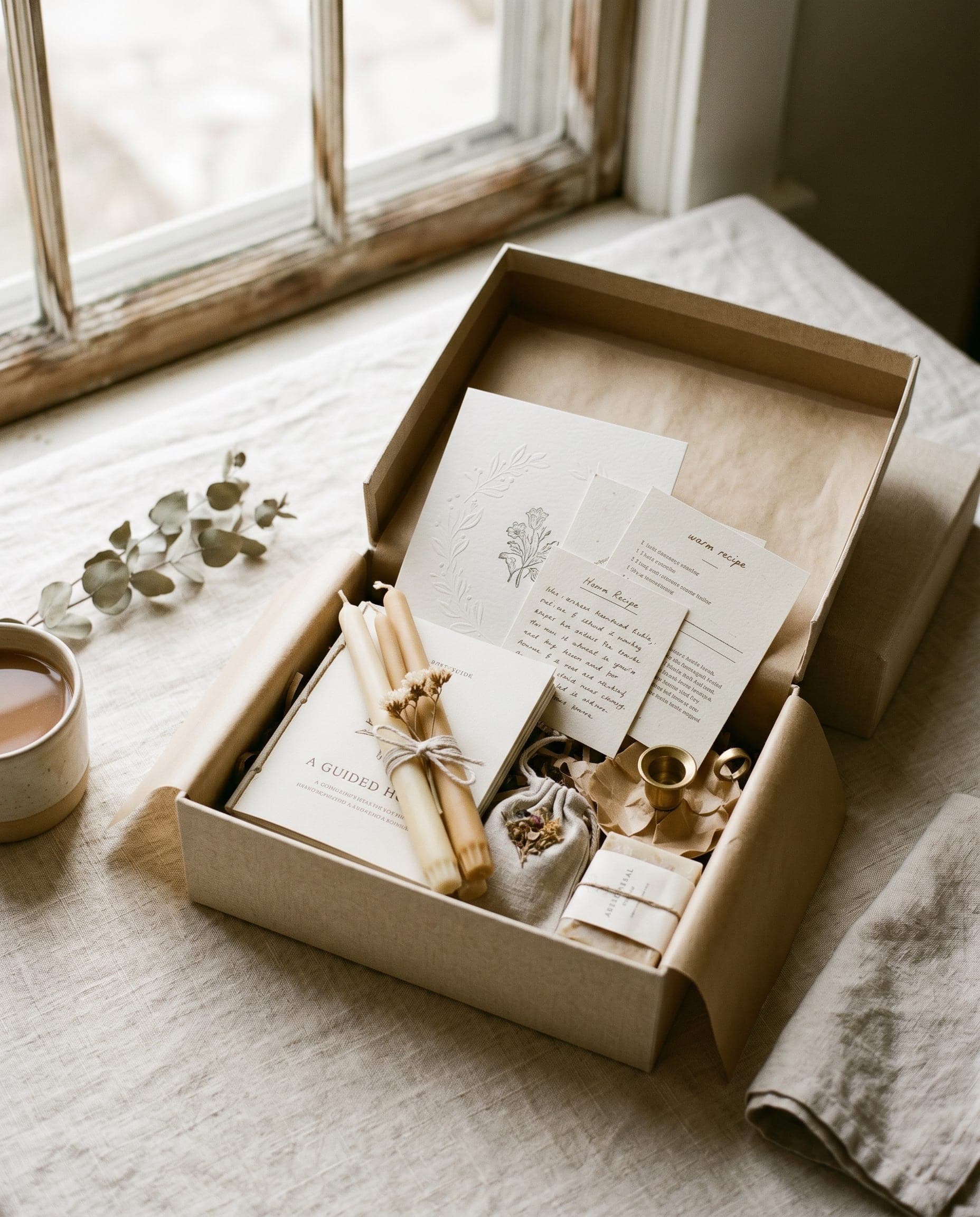The Gathering Box opened—layered cards, candles, and small-batch details.